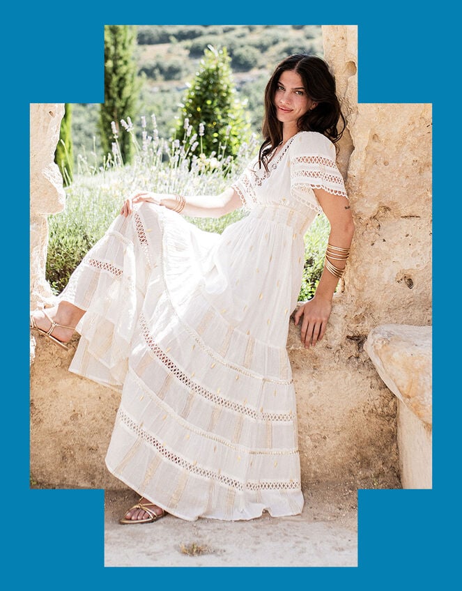 Piti Cuiti Embellished Short Sleeve Maxi Dress, White (WHITE), large