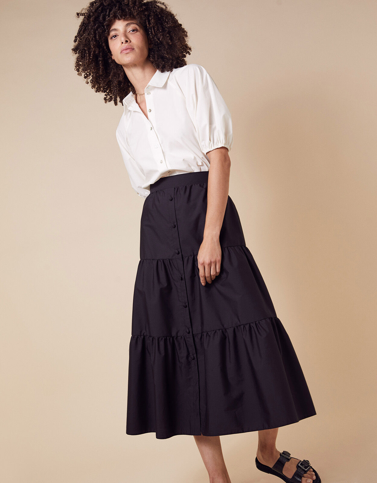 Poplin Tiered Midi Skirt Black