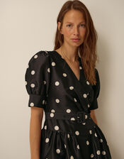 Amara Polka Dot Belted Midi Dress, Black (BLACK), large