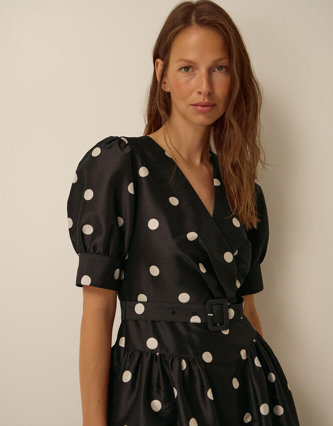 Amara Polka Dot Belted Midi Dress, Black (BLACK), large