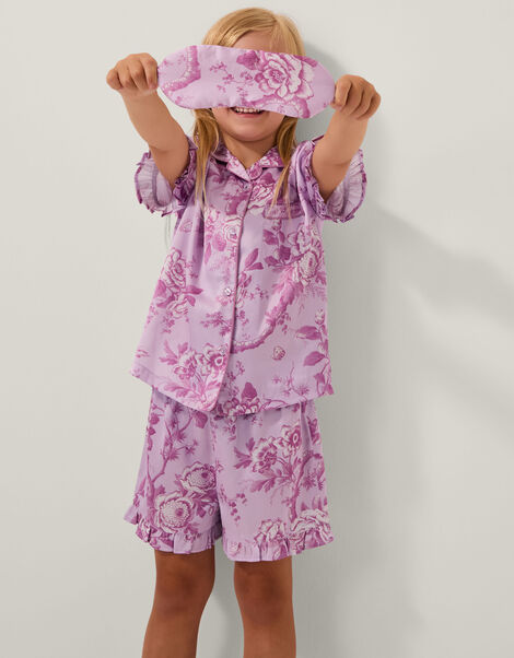 Floral Satin Short Pyjamas & Sleep Mask Set, Purple (LILAC), large