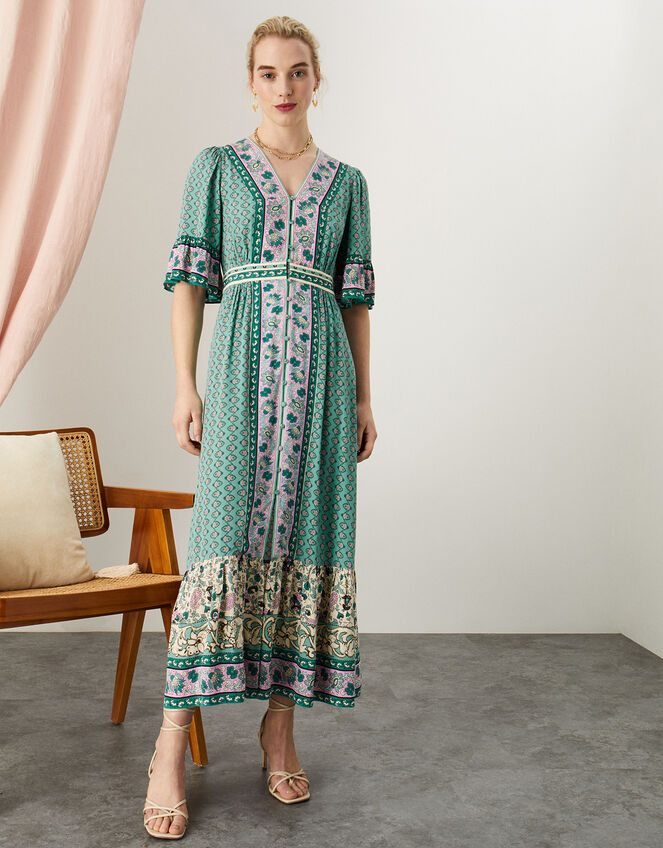Kaylee Contrast Print Kaftan Dress with LENZING™ ECOVERO™ , Green (GREEN), large