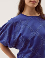 Ellie Puff Sleeve Embroidered Jersey Top, Blue (NAVY), large