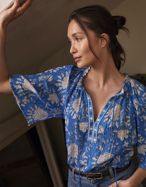 Printed Top in Organic Cotton Blue, Blue (BLUE), large