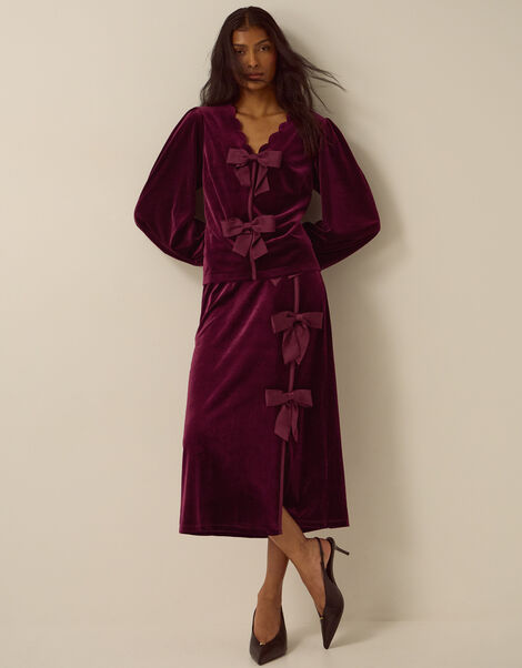 Buffy Bow Velvet Midi Skirt, Red (BURGUNDY), large