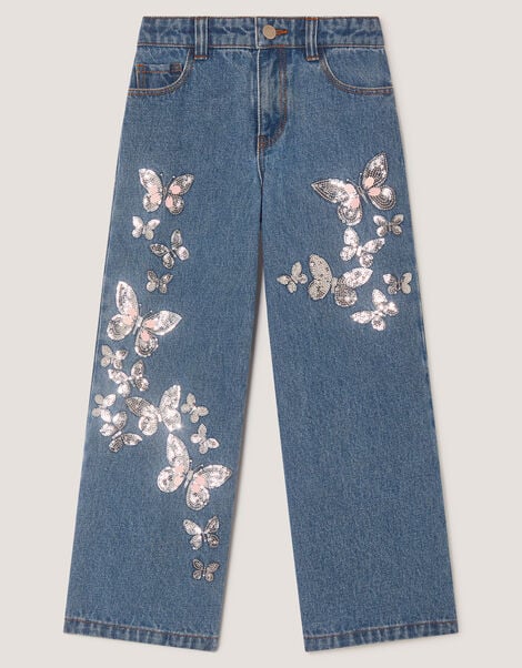 Butterfly Sequin Wide Leg Jeans, Blue (BLUE), large