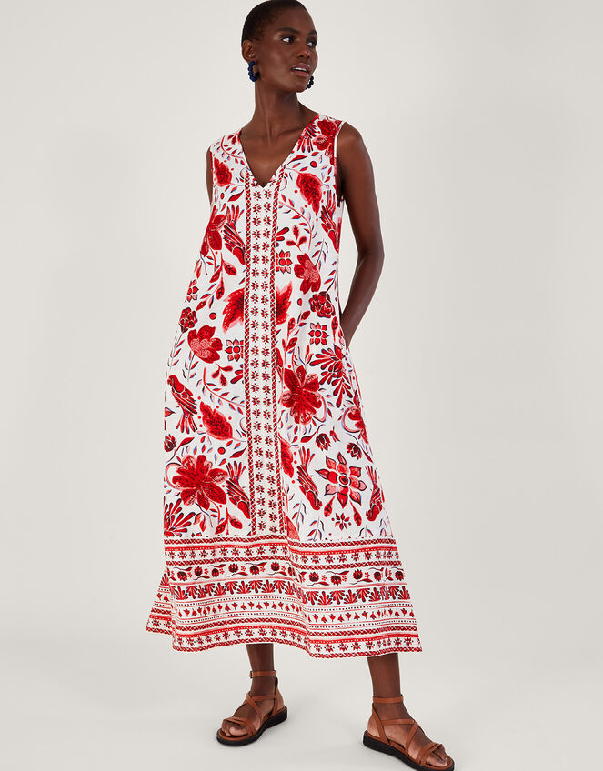 Print Midi Dress in Linen Blend, Red (RED), large
