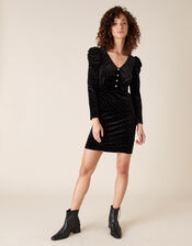 Khloe Heat-Seal Gem Stretch Velvet Dress, Black (BLACK), large