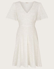 Schiffli V-Neck Pleated Short Dress, White (WHITE), large