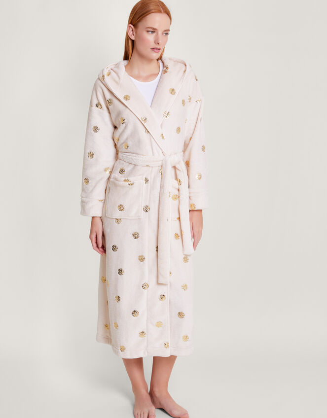 Spot Foil Hooded Dressing Gown, Ivory (IVORY), large