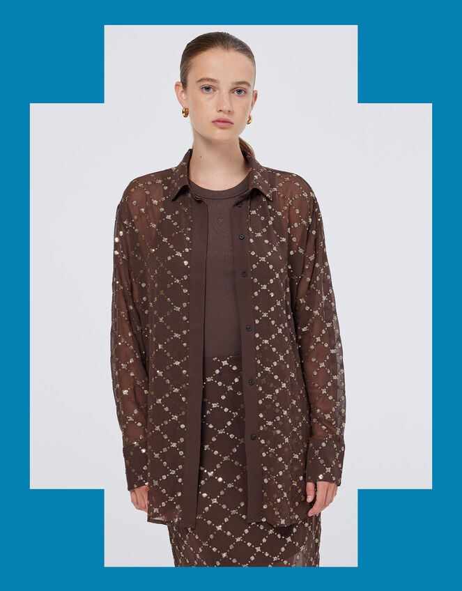 Scotch and Soda Sequin Embellished Sheer Shirt, Brown (BROWN), large