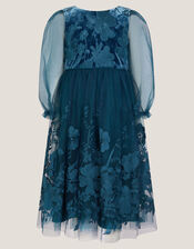 Alicia Long Sleeve Floral Embroidered Dress, Teal (TEAL), large