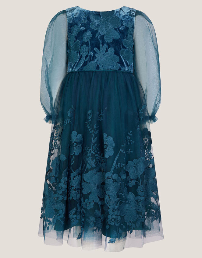 Alicia Long Sleeve Floral Embroidered Dress, Teal (TEAL), large