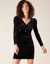 Khloe Heat-Seal Gem Stretch Velvet Dress, Black (BLACK), large