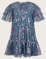 Frilly Sleeve Metallic Print Mesh Dress, Grey (GREY), large