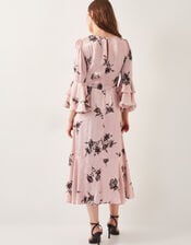 Pelia Floral Satin Ruffle Midi Dress, Pink (PINK), large