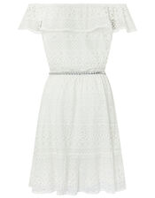 Leah Lace Bardot Dress with Belt, Ivory (IVORY), large
