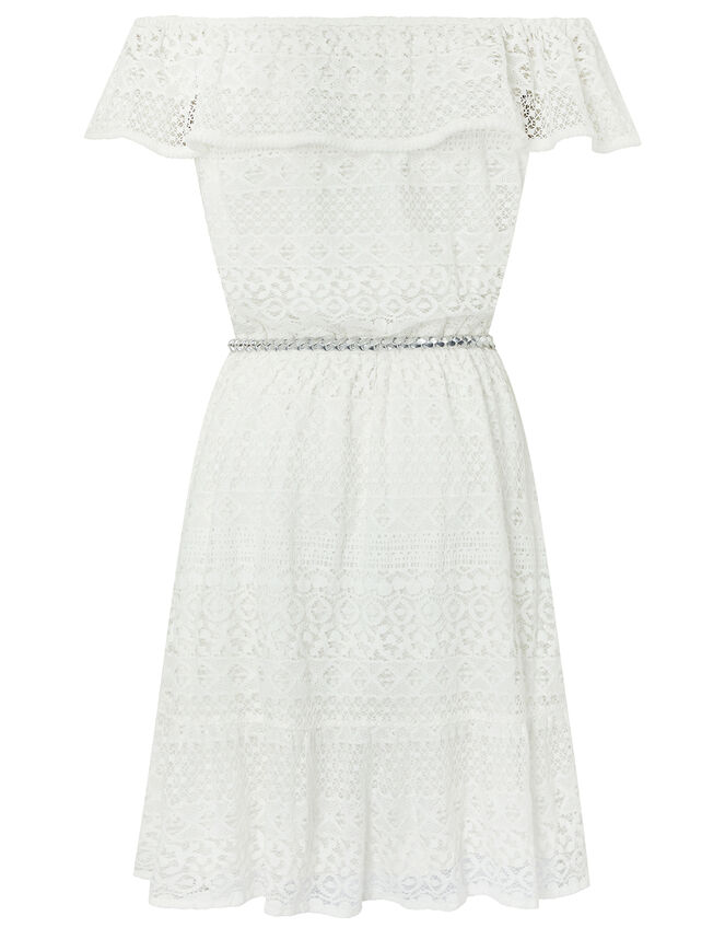 Leah Lace Bardot Dress with Belt, Ivory (IVORY), large