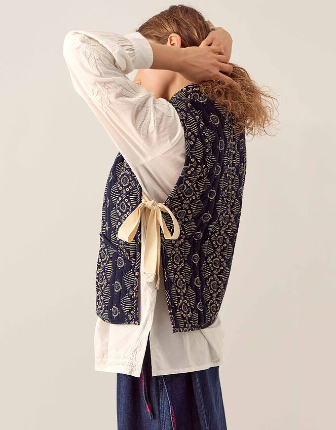East Celine Printed Textured Cotton Gilet, Blue (NAVY), large