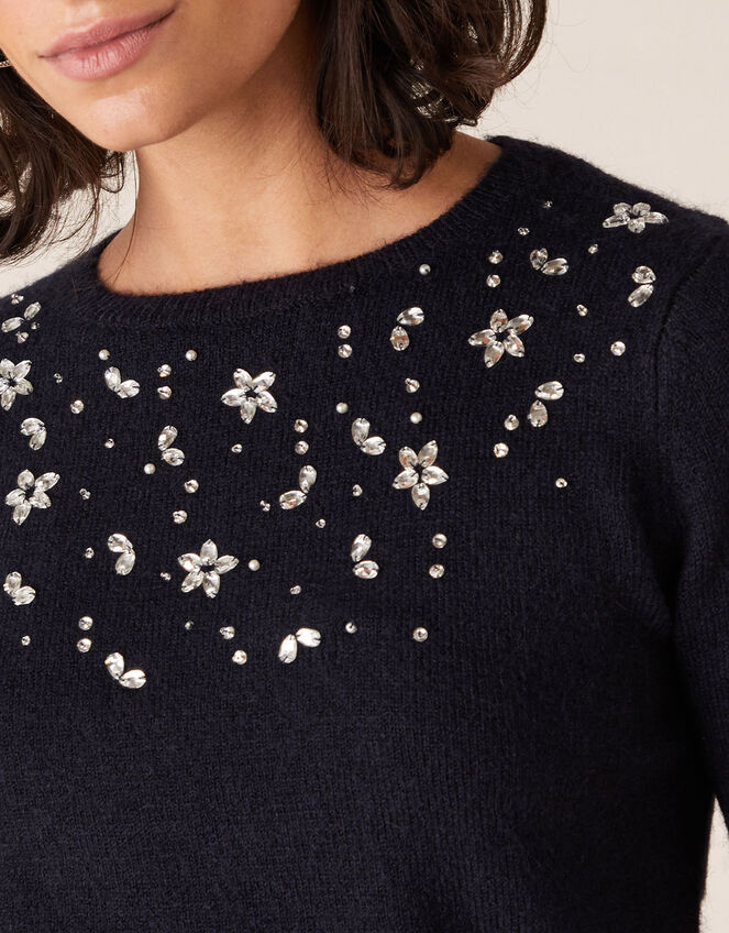 Floral Crystal Yoke Knit Jumper, Blue (NAVY), large