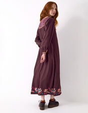 East Eliana Embroidered Long Sleeve Midi Dress, Brown (BROWN), large