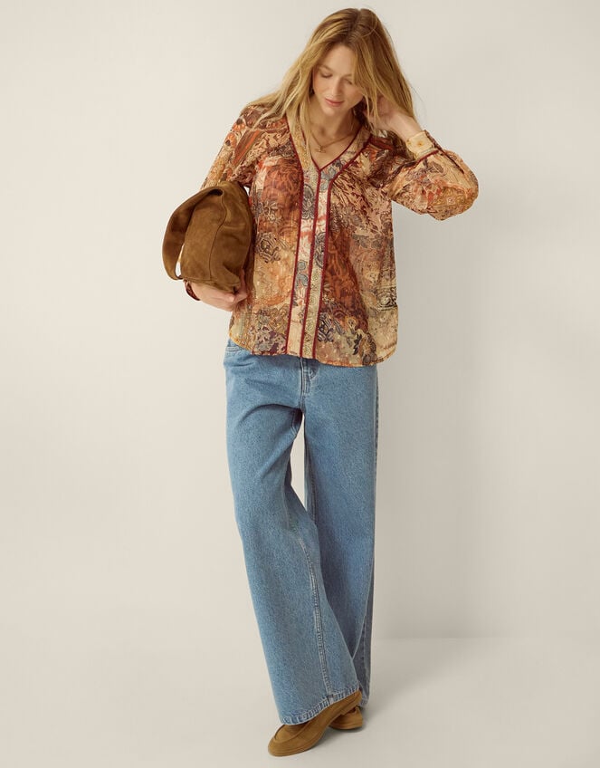 Evelina Sheer Floral Print Top, Brown (BROWN), large