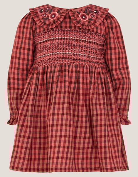Baby Check Long Sleeve Shirred Dress, Brown (BROWN), large