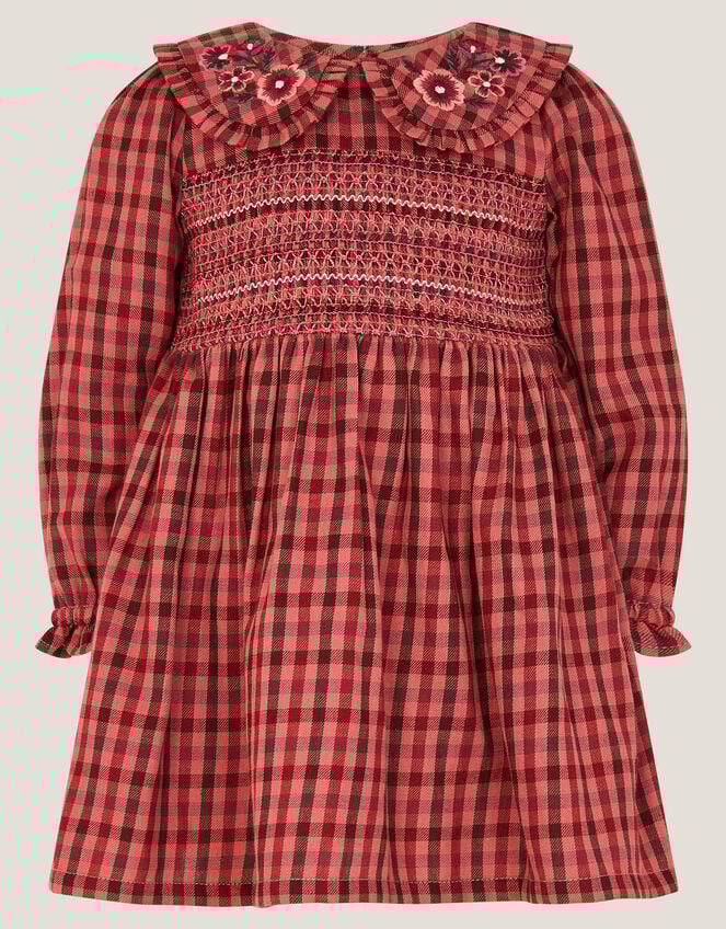 Baby Check Long Sleeve Shirred Dress, Brown (BROWN), large