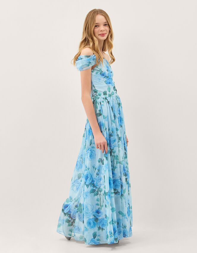 Texas One Shoulder Floral Prom Dress, Blue (BLUE), large