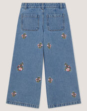 Floral Embroidered Wide Leg Jeans, Blue (BLUE), large