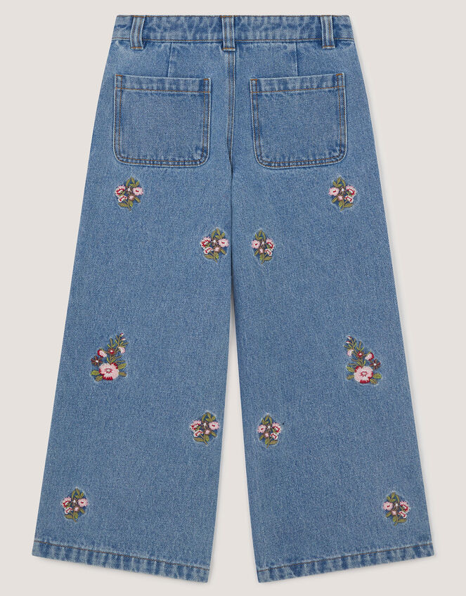 Floral Embroidered Wide Leg Jeans, Blue (BLUE), large