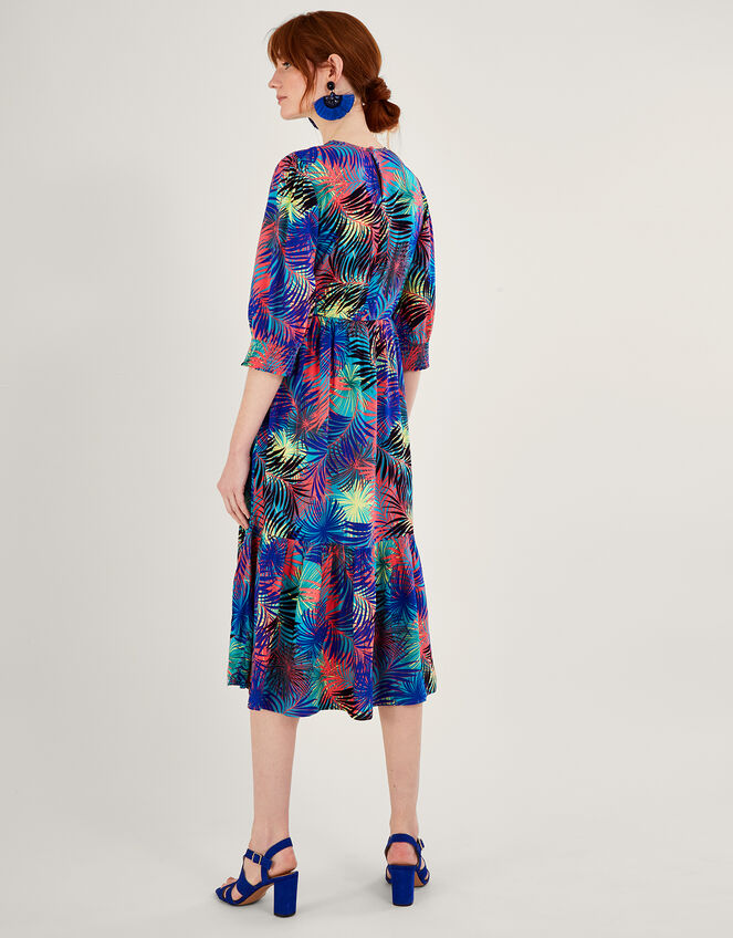 Palm Printed ¾ Sleeve Shirred Dress in LENZING™ ECOVERO™, Blue (BLUE), large