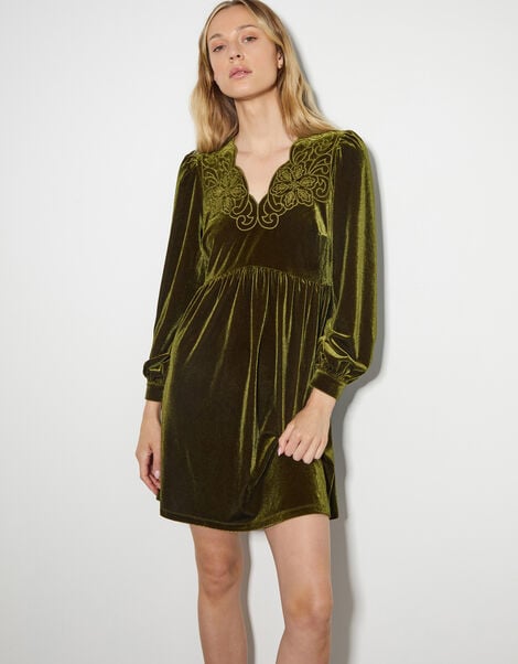 Vicki Embroidered Velvet Mini Dress, Green (OLIVE), large