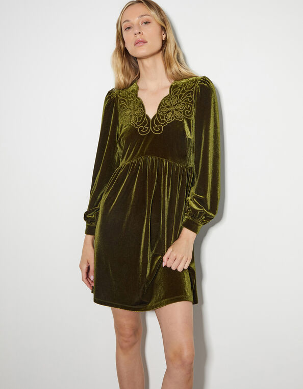 Vicki Embroidered Velvet Mini Dress, Green (OLIVE), large