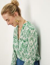 Ezzi Ikat Print Blouse in Sustainable Viscose, Green (GREEN), large