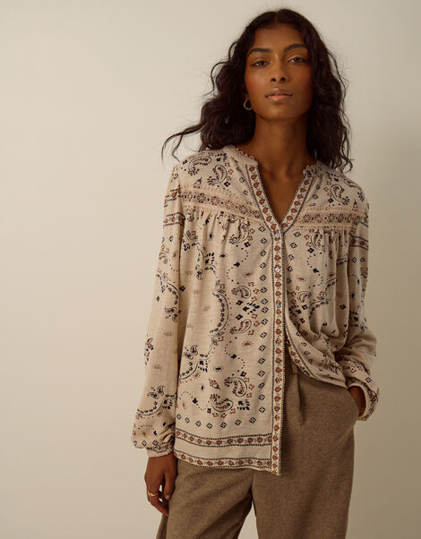 Gigi V-Neck Paisley Print Jersey Shirt, Yellow (BUTTER YELLOW), large