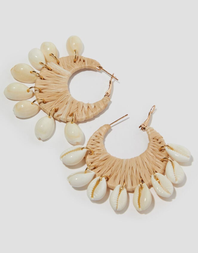 Raffia Shell Hoop Earrings, , large