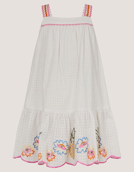 Pineapple Embroidered Scallop Trim Dress, White (WHITE), large