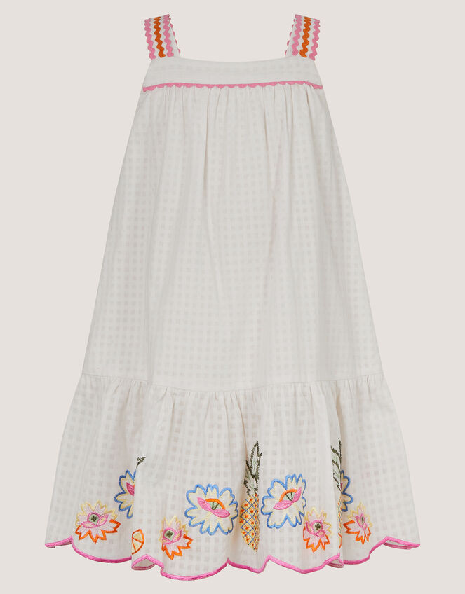 Pineapple Embroidered Scallop Trim Dress, White (WHITE), large