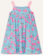 Flamingo Print Summer Dress , Blue (BLUE), large