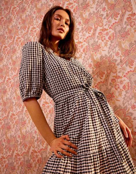 Gingham Wrap Dress in Organic Cotton Black, Black (BLACK), large