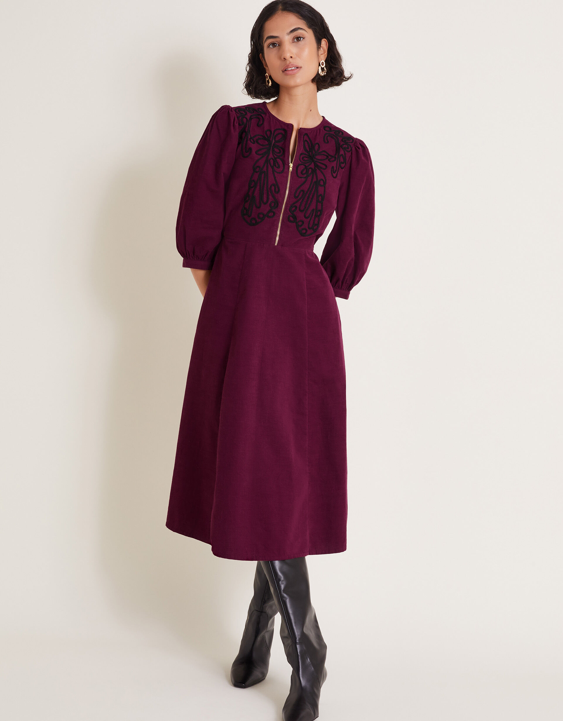 Kaia Embroidered Corduroy Midi Dress Red