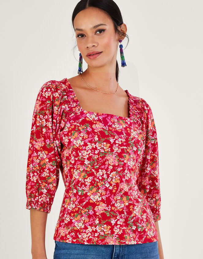 Ditsy Floral Print Top in Linen Blend , Red (RED), large