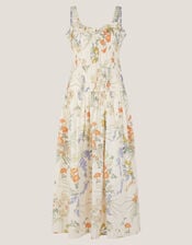 Jesse Floral Shirred Midi Dress, Ivory (IVORY), large