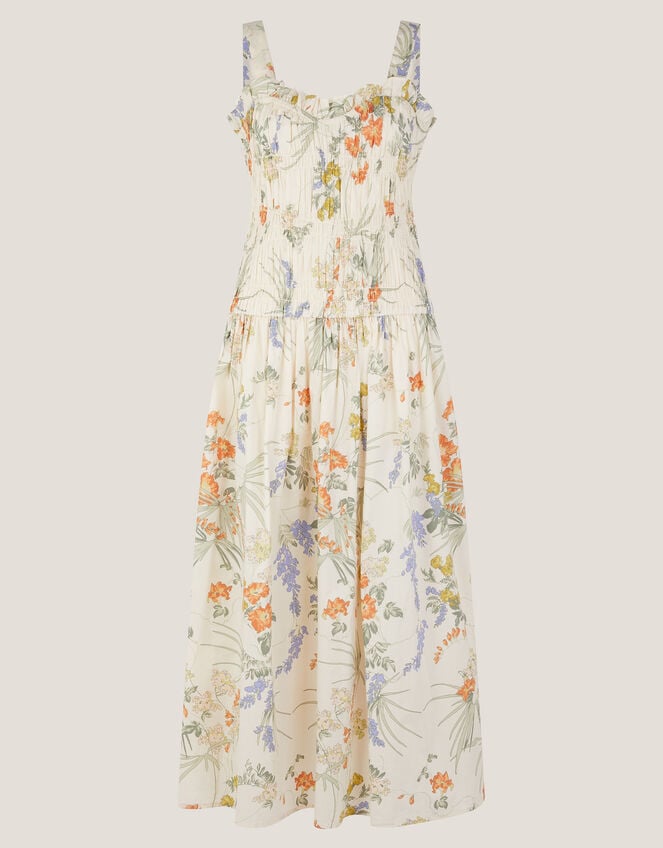 Jesse Floral Shirred Midi Dress, Ivory (IVORY), large