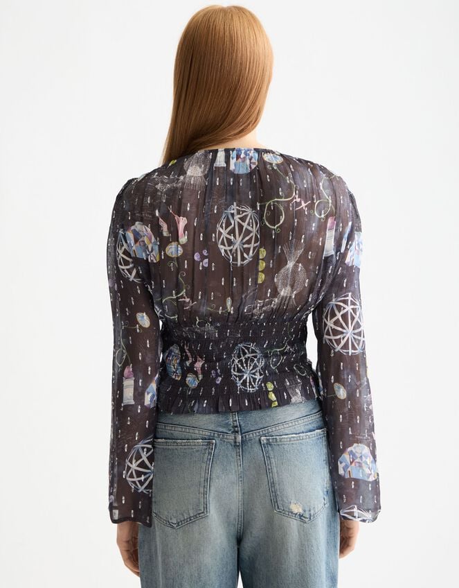 Scotch & Soda Print Smocked Waist Top, Blue (NAVY), large
