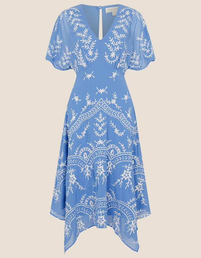 Daisy Embroidered Hanky Hem Dress, Blue (BLUE), large
