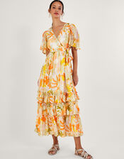 Willow Metallic Print Ruffle Wrap Dress, Ivory (IVORY), large