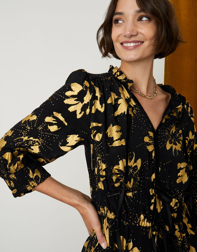 Evalina Foil Print Dress in Sustainable Viscose, Black (BLACK), large