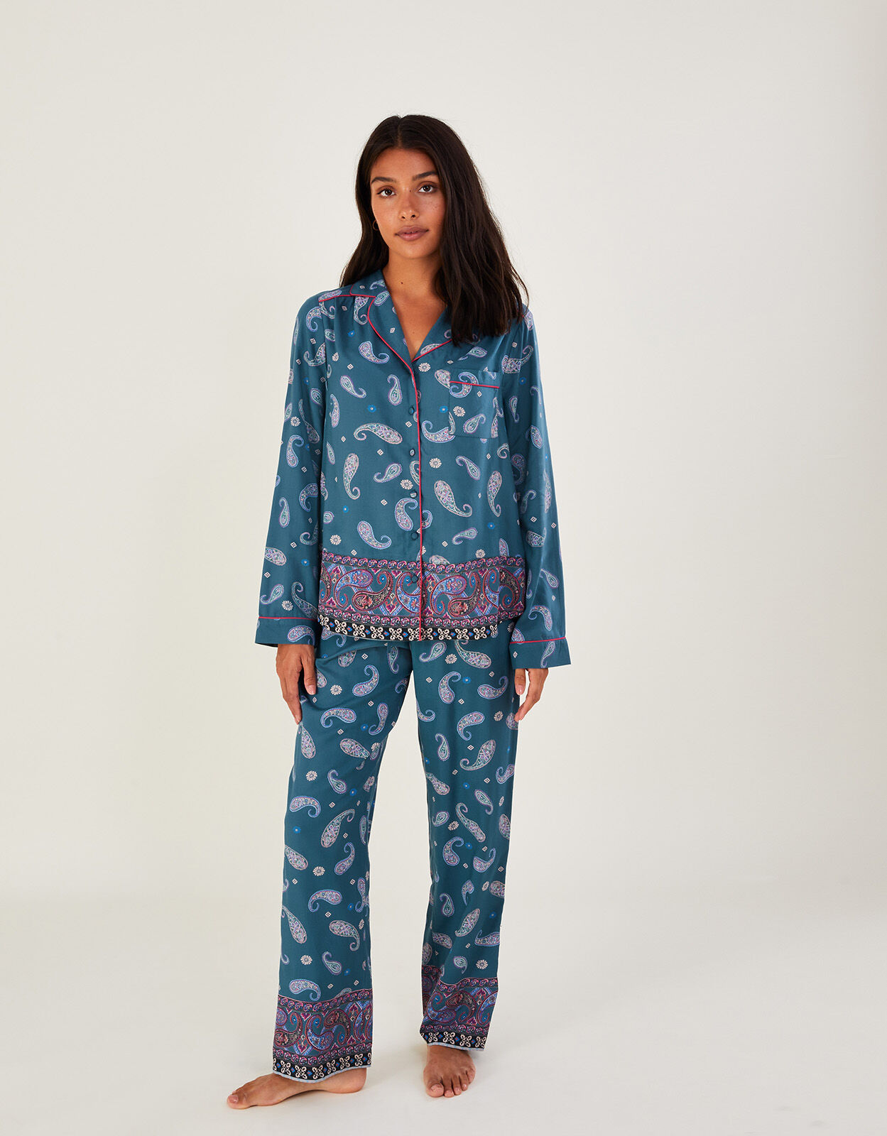 Paisley Print Border Pyjama Set in LENZING ECOVERO Teal